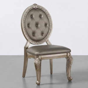 Hand-carved wooden side chair with tufted upholstered oval back and decorative carved legs made from mango wood