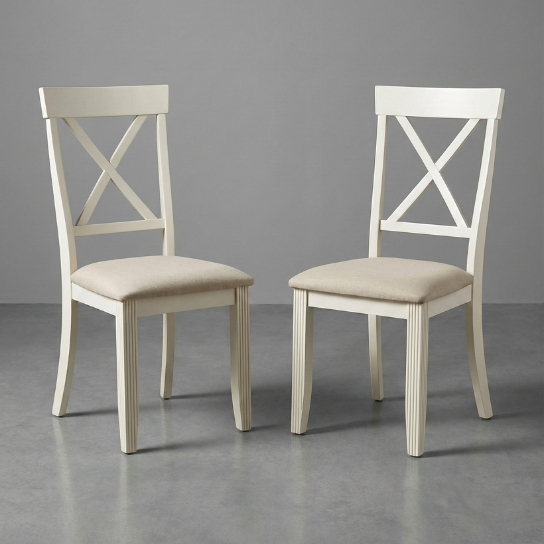 17 inch (4) Mango wood cross back chairs with cushioned seat in a classic Grey finish on a plain background