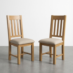 Mango wood slat back dining chair with linen cushioned seat in a natural wood finish set of 2