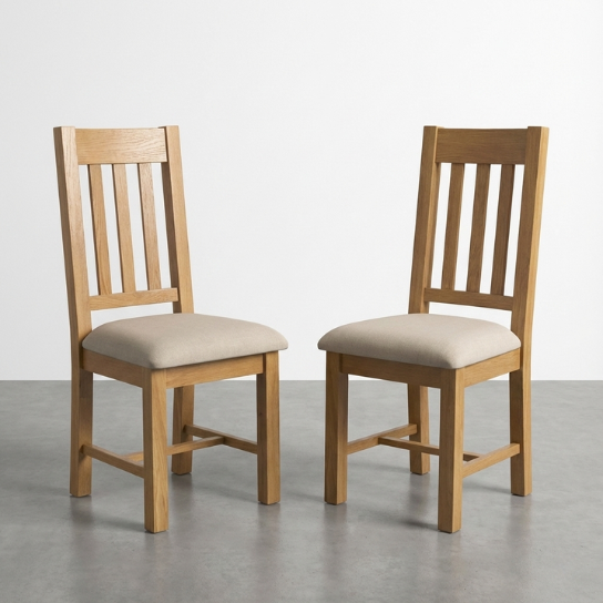 17 inch (8) Mango wood slat back dining chair with linen cushioned seat in a natural wood finish set of 2