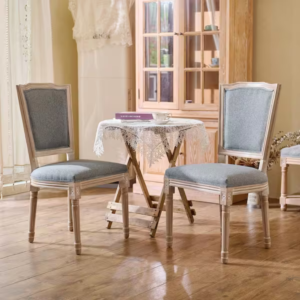 French style wooden dining chair with upholstered seat and hand carved legs made from solid mango wood set of 2