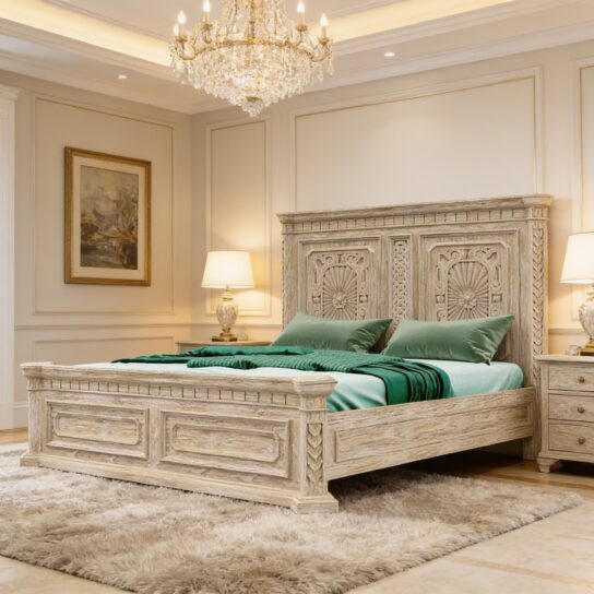 Hand-carved white wooden bed frame with floral panels and whitewashed finish, made from solid mango wood with slatted base and corner posts.
