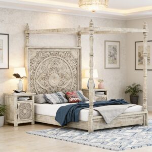 The Craftology Hand-Carved Solid Mango Wood Canopy Bed