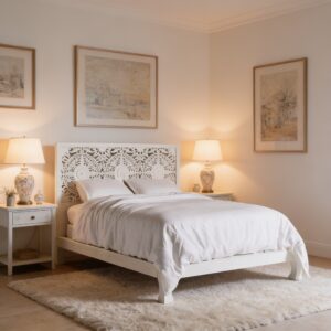 fiesta-image-asset_48198b7de58269e66a48a11df0d41388 Dynasty Hand Carved Wooden Bed Frame in matte white finish with floral mandala-style headboard, made of solid mango wood – The Craftology artisan bed.