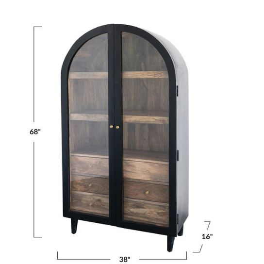 6 The Craftology Arched Solid Mango Wood Curio Cabinet With 3 Drawers