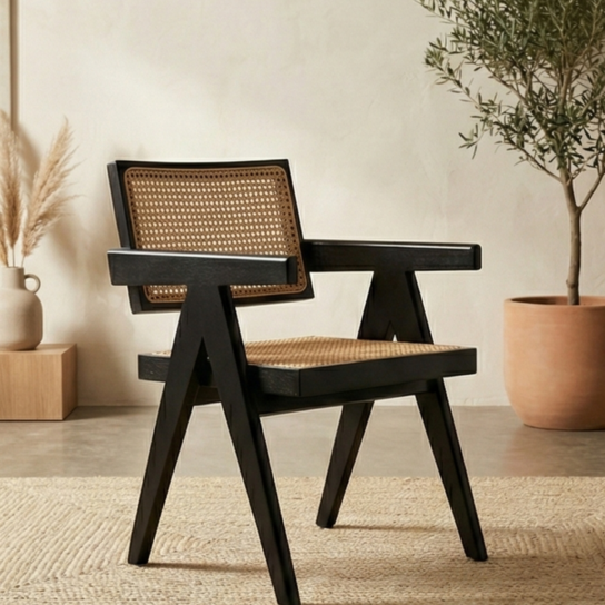 2 The Craftology Black Wooden Chair with Cane Backrest