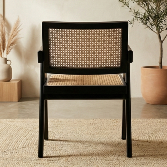 4 The Craftology Black Wooden Chair with Cane Backrest
