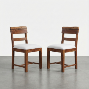 Untitled design (75) Acacia wood dining chair with live edge wooden backrest and cushioned seat placed beside a wooden dining table set of 2