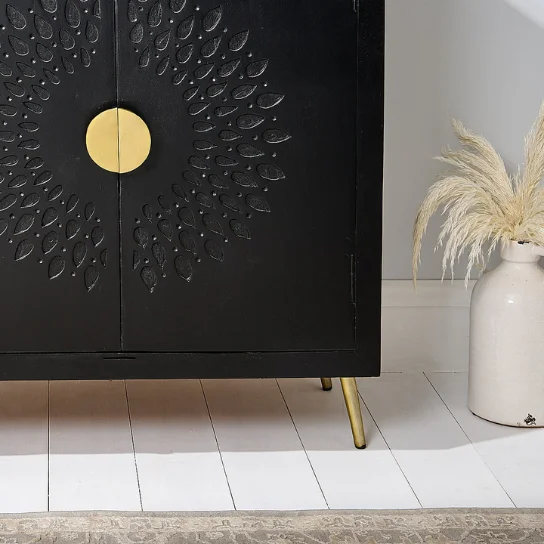 2 The Craftology Carving Wooden Sideboard In Black Finish