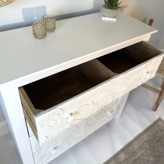 The Craftology Carving Wooden Chest of Drawer In White Finish