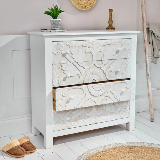 The Craftology Carving Wooden Chest of Drawer In White Finish