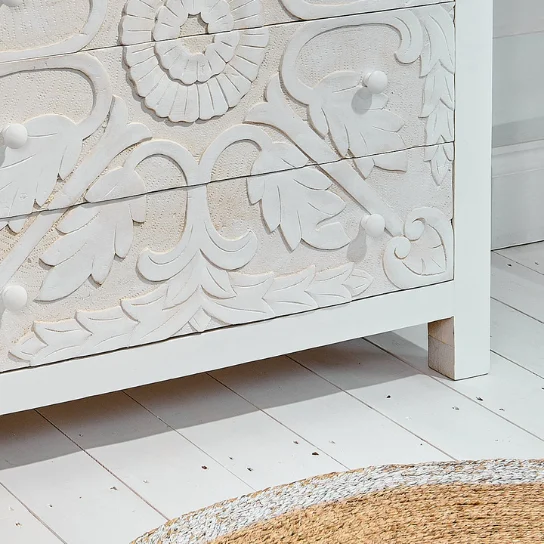 The Craftology Carving Wooden Chest of Drawer In White Finish