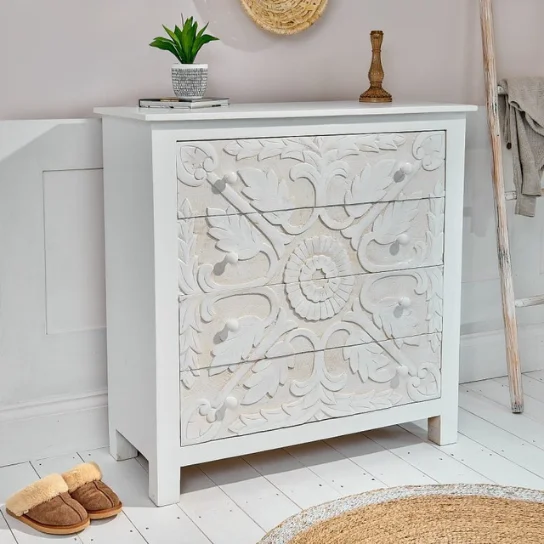 The Craftology Carving Wooden Chest of Drawer In White Finish