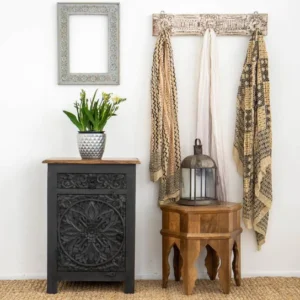 The Craftology Blackish Carved Bedside Table