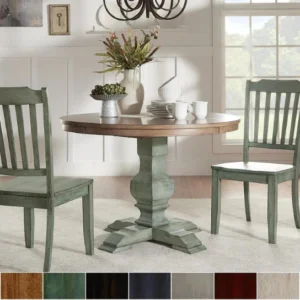 1 Handcrafted round pedestal dining table with antique sage green base by The Craftology