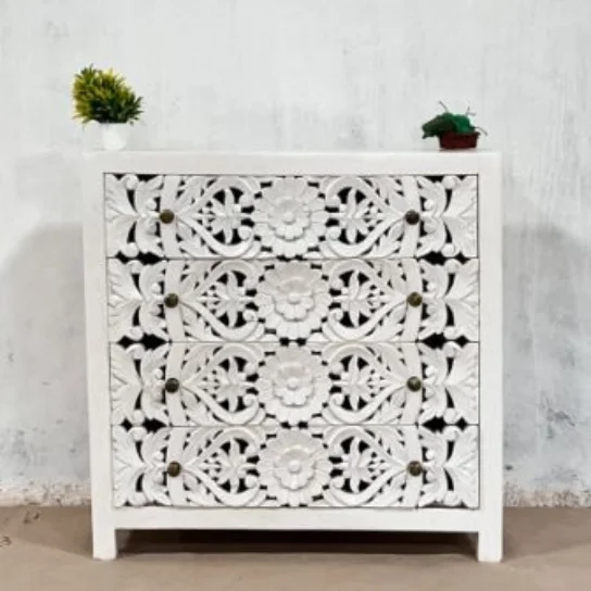 1 The Craftology Wooden Hand Carved 4 Chest of Drawers