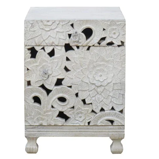 Untitled design (1) The Craftology White Hand Carved Bedside Table White