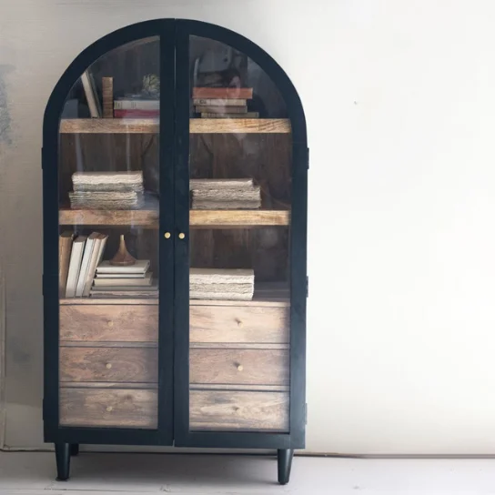 1 The Craftology Arched Solid Mango Wood Curio Cabinet With 3 Drawers