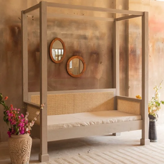 2 Handmade solid wood canopy cane daybed with neutral finish and cane backrest from The Craftology