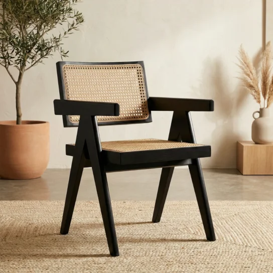 1 Black wooden cane arm chair with handwoven cane backrest and cushioned seat in a modern interior setting