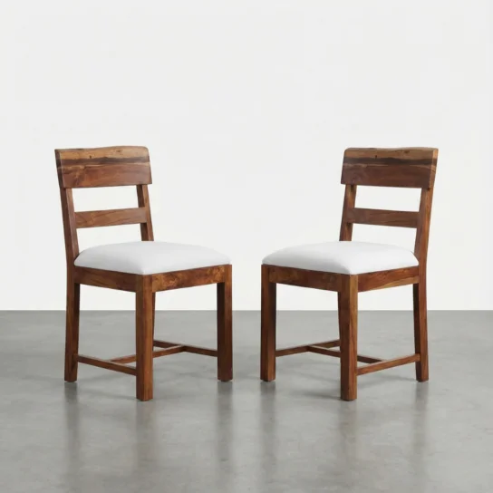 Acacia wood dining chair with live edge wooden backrest and cushioned seat placed beside a wooden dining table set of 2
