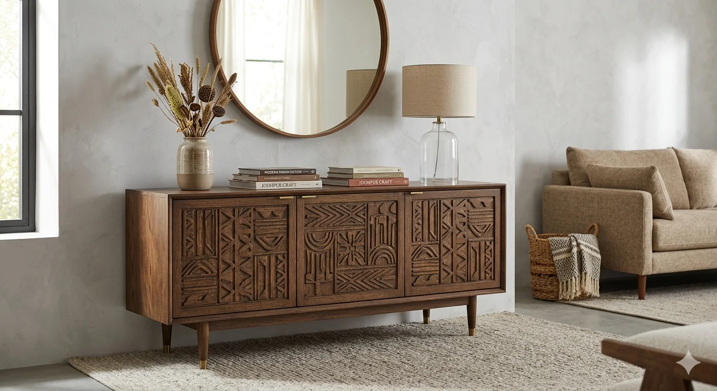 Modern Living Room Sideboard with Wooden Carving